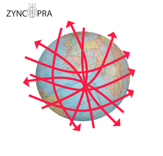 Mapa mundial con rutas de exportación que representan la red de distribución de Zyncopra.