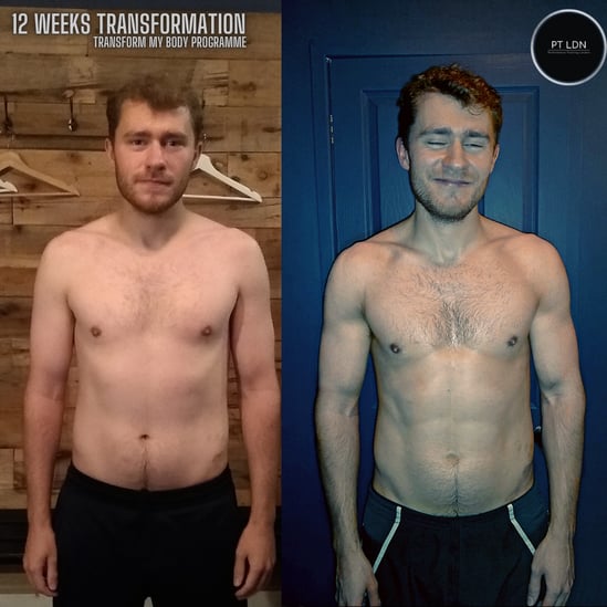 A before and after gym body transformation of a man in his 20s with his top off and more muscle