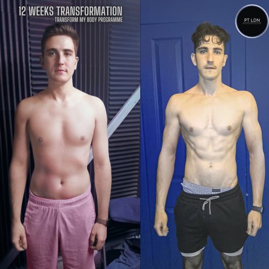 A before and after gym body transformation of a man in his 20s with his top off and more muscle