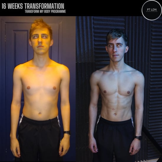 A before and after gym body transformation of a slim man in his 20s with his top off and a 6 pack