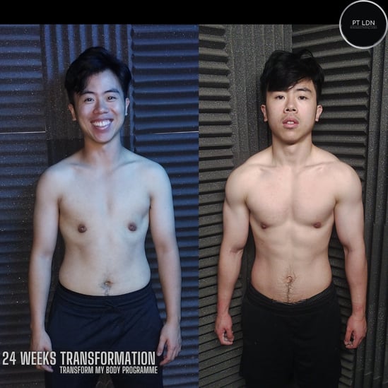 A before and after gym body transformation photo photo of a man in his 20s with his top off