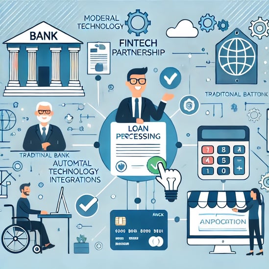 Illustration of a fintech partnership showcasing technology integration, automated loan processing,