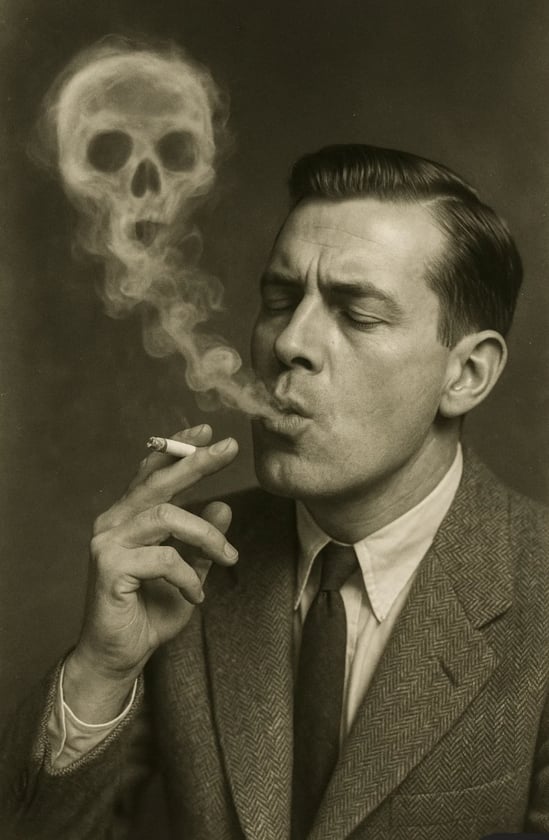 un homme fait un rond de fumée en forme de tête de mort pour la journée mondiale sans tabac.
