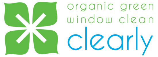 Clearly logo, green plant leaf in the shape of a clover with green and blue text colors