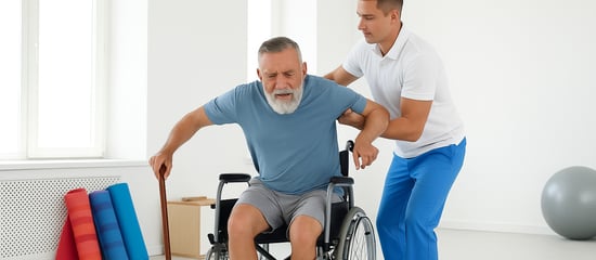 Stroke patient undergoing rehabilitation and physiotherapy treatment for recovery.