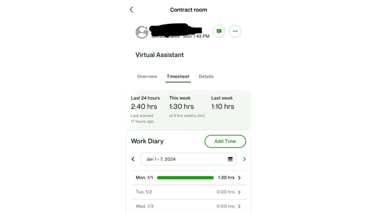 Upwork Time Tracker screenshot of a timesheet showing hours worked with a work diary.