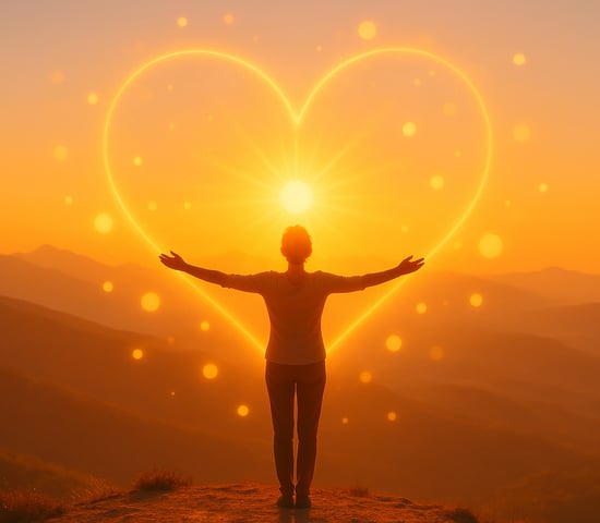 a man standing on a mountain top with a heart shaped heart