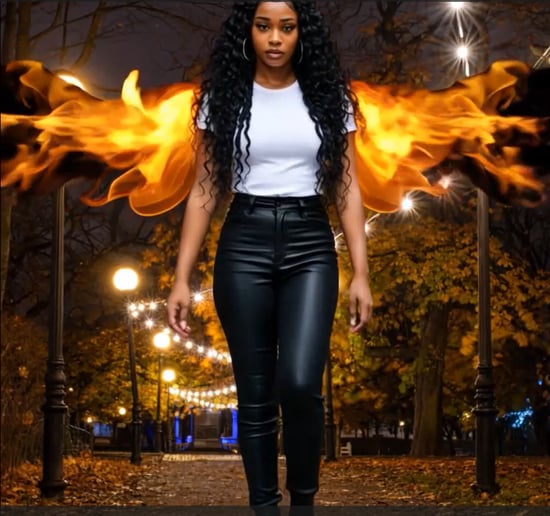 A female walking with flaming wings