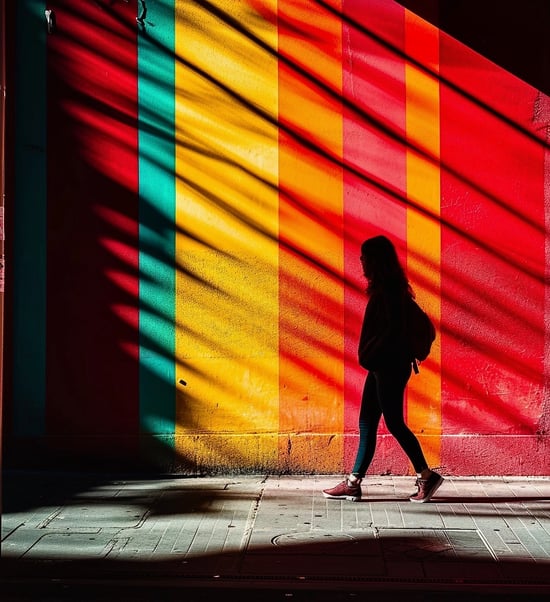 Peter Pickering's rendition of a girl walking down a sidewalk past a rainbow coloured striped wall