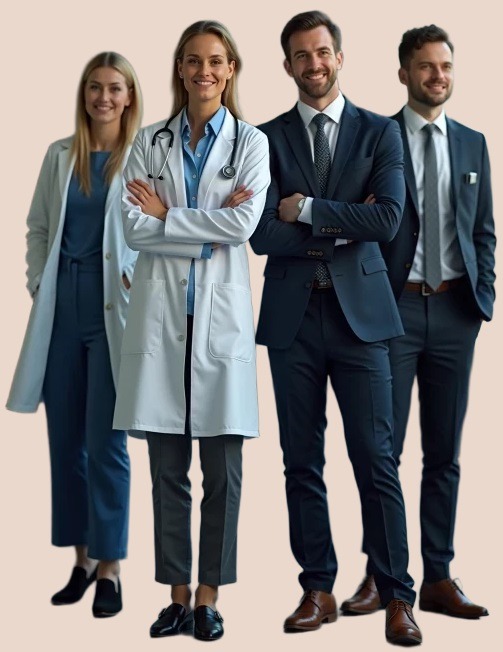 a group of doctors and nurses standing in front of a pink background