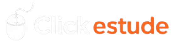 logotipo da clickestude, com um mouse de computador e o nome da empresa em branco e laranja