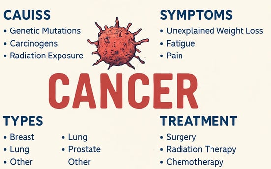 Infographic showing cancer causes, symptoms, types, and treatment options with a red cancer cell ill
