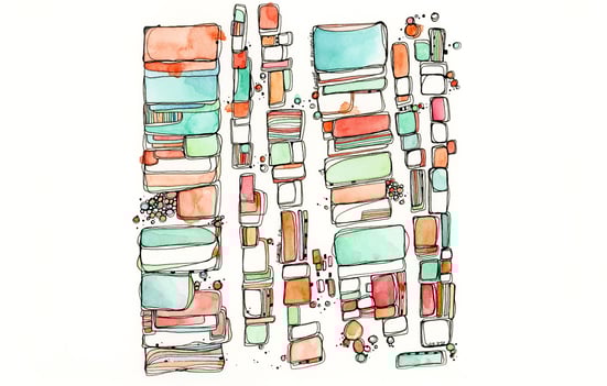 peinture abstraite couleurs orange et vert, cases de differentes formes