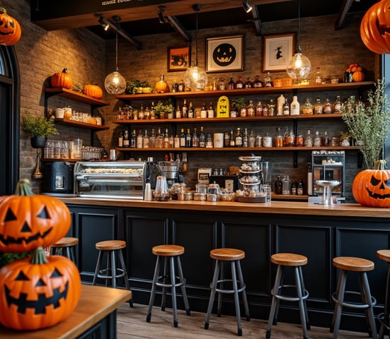 a bar with pumpkins and pumpkins on the counter