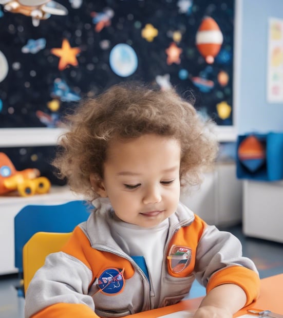 Enfant des Astro'Mômes jouant dans la crèche (micro-crèche Isles-lès-Villenoy) en tenue d'astronaute