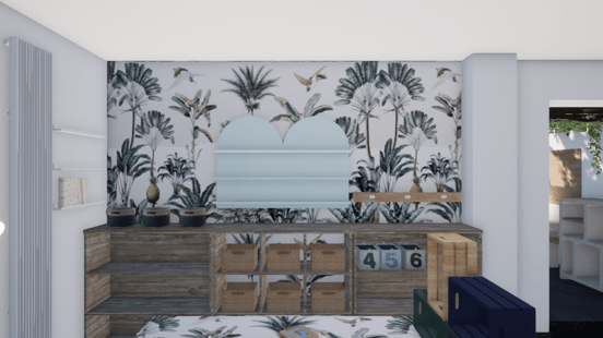 Une photo du projet de transformation avec des meubles en bois et un papier peint fleuri Wellpapers
