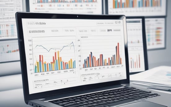 A modern office environment with a laptop on a white desk in the foreground. A red computer mouse is also visible. In the background, there is an office printer and a wall with motivational text. The office space is well-lit with natural and artificial light, and there are glass partitions.