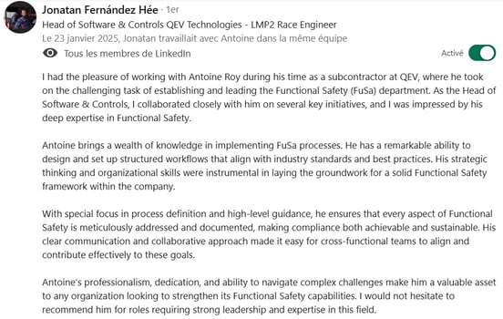 Recommendation from my hiring Manager in QEV Technologies