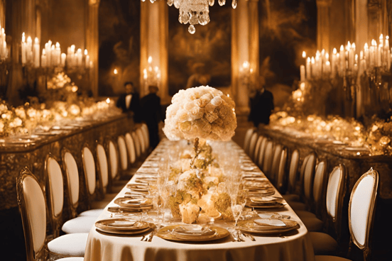 table de reception glamour nappes dorees assiettes rococo