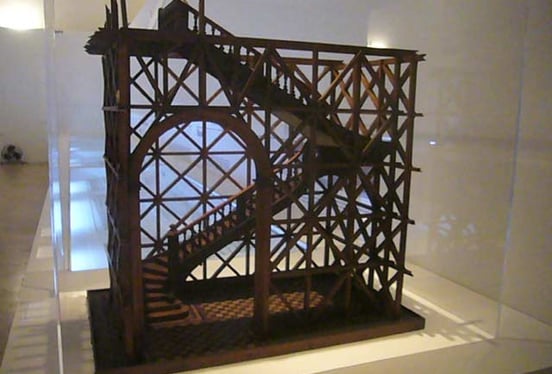 Brown wooden carcass of Pombaline cage from a museum