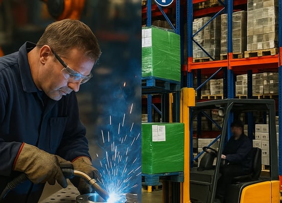 a man in a factory with a welding torch
