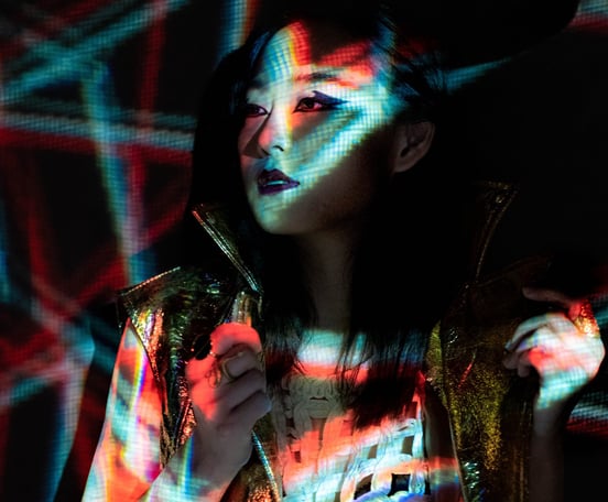 Fashion men/ woman portrait in a neon photography style - Blade runner Akira future dystopia
