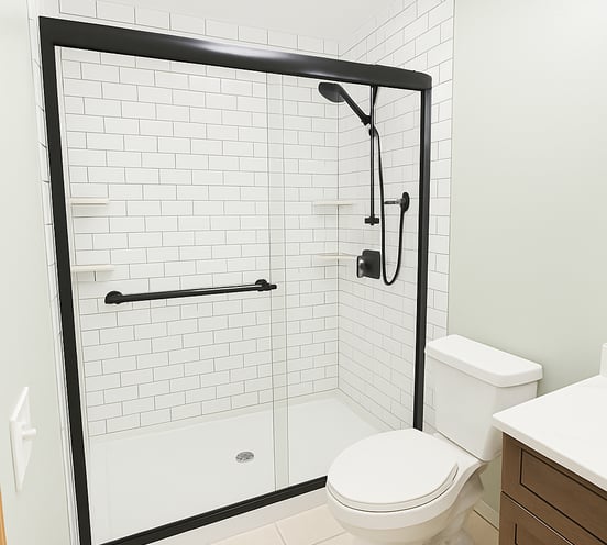 a bathroom with a toilet and a shower