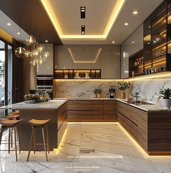 A luxurious modern kitchen with marble, wood, ambient lighting, and sleek cabinetry.