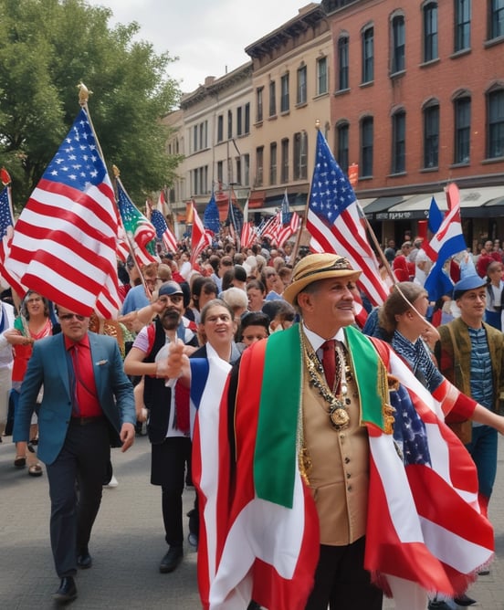 A group of people are participating in a lively street procession, with participants wearing traditional attire and carrying colorful flags. The scene captures a sense of celebration and community engagement as they walk barefoot along the road lined with spectators.
