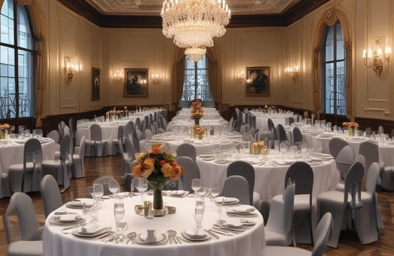 A large convention center hall arranged for an event setup with scattered boxes, crates, and equipment. There are partitions covered with white drapes, directional signs hanging from the ceiling, and yellow taped lines on the floor. A person is walking through the hall, and equipment is positioned sporadically.