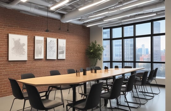 A large convention center hall arranged for an event setup with scattered boxes, crates, and equipment. There are partitions covered with white drapes, directional signs hanging from the ceiling, and yellow taped lines on the floor. A person is walking through the hall, and equipment is positioned sporadically.