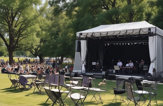 A large convention center hall arranged for an event setup with scattered boxes, crates, and equipment. There are partitions covered with white drapes, directional signs hanging from the ceiling, and yellow taped lines on the floor. A person is walking through the hall, and equipment is positioned sporadically.