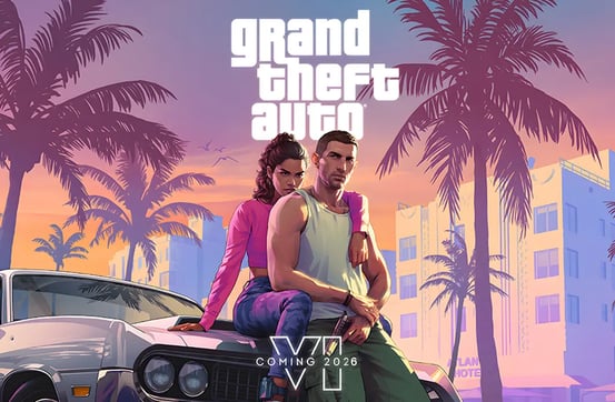 Official GTA 6 release date announcement by Rockstar Games featuring the Vice City skyline and Lucia