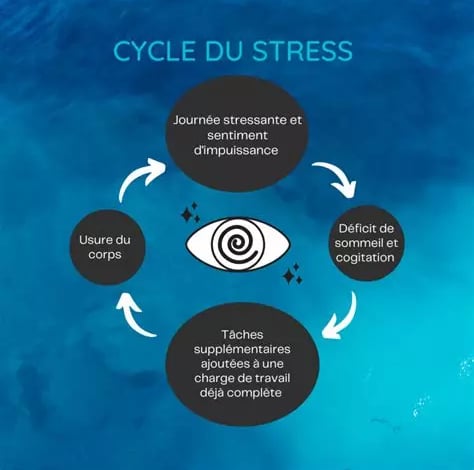 Cycle du stress :journée stressante, déficit de sommeil, cogitation, plus de travail, usure du corps