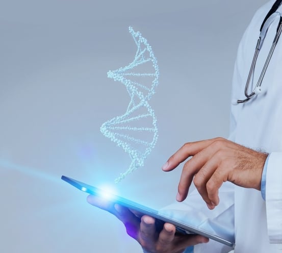 a doctor holding a tablet with a dna molecule on it
