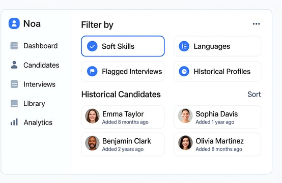 AI dashboard with candidate filters and profiles, showing soft skills, languages, and interview insights.