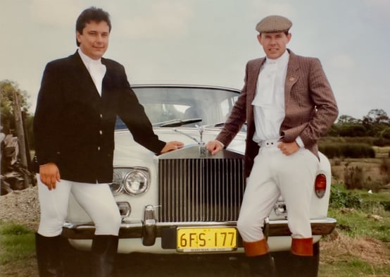 Friends, Andre Rogala with Peter Pickering arrive in a Rolls Royce to a Peel Hunt Club meet