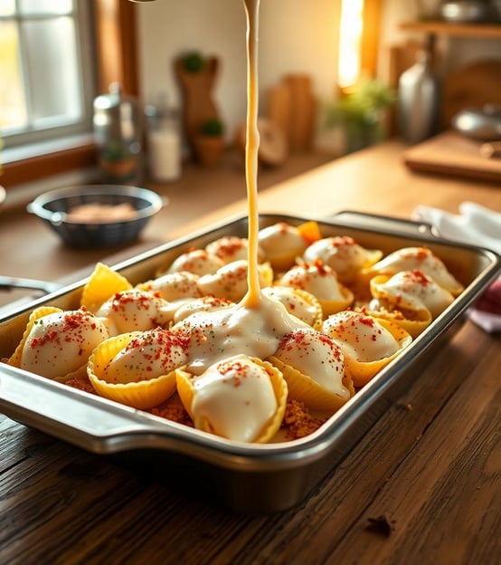 a person pouring sauce on a dish in a pan