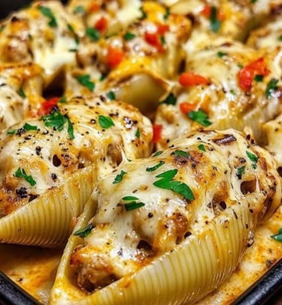 a dish of pasta shells with cheese and sauce