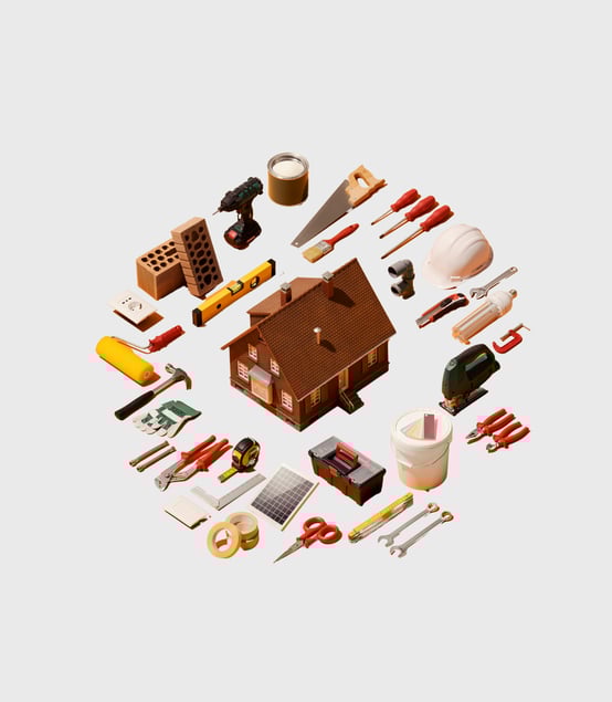 a house surrounded by tools and tools for a home