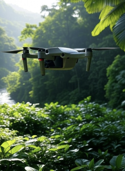 Drone en vol stationnaire dans une forêt pour la journée internationale des drones.