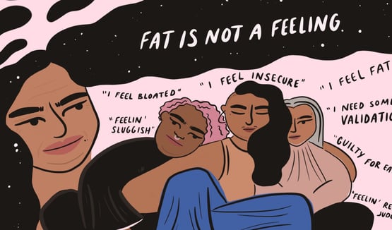 a poster with several women and texts fat is not a feeling i feel bloated i feel insecure