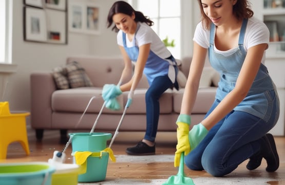 man cleaning on floor beside white wall