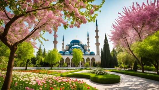 a beautiful blue mosque in the middle of a park