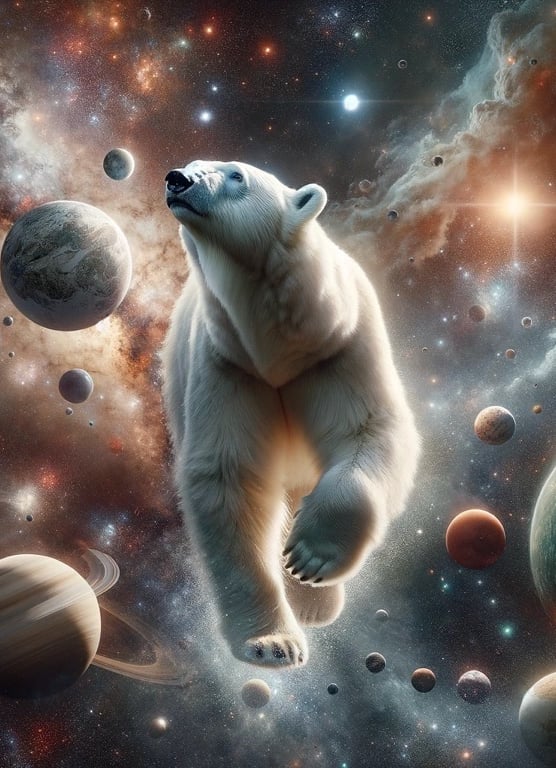 A polar bear in the middle of a galaxy