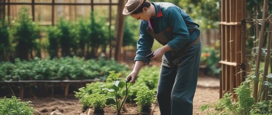 Small biodegradable seed trays filled with soil are placed in rows on the ground, ready for planting. The trays are surrounded by gravel or dirt, with some wooden or metal dividers visible, suggesting a gardening or agricultural setting.