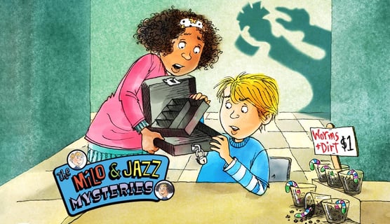 illustration from The Case of the Locked Box, with Milo & Jazz Mysteries Logo