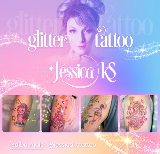 Banner com logo e foto de tatuadora com fundo de degradê e glitter e fotos de tatuagens femininas