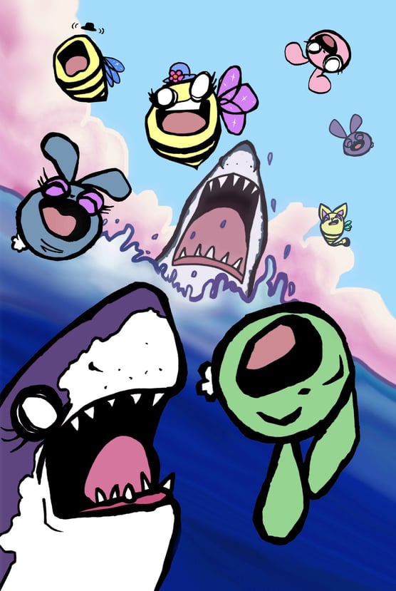 shark, bunnies, bees, cute, playing, water, ocean, game, children's brand, adorable animals, rabbits