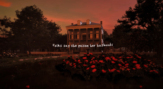 Coded Black gameplay screenshot showing a plantation house at sunset with narrative text: Folks say she poison her husbands.